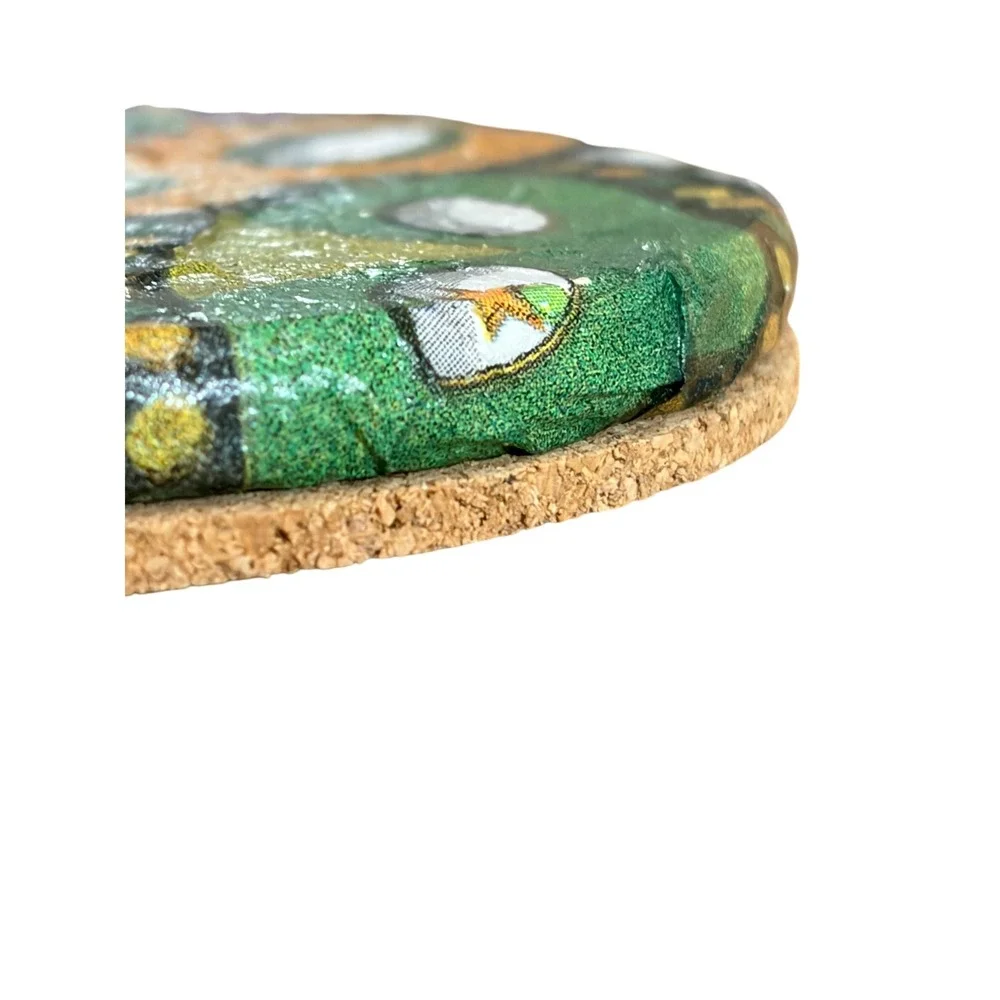 Handmade‎ Mardi Gras Coaster Set 4 Mask Carnival Decor Cork Back Signed Spangler